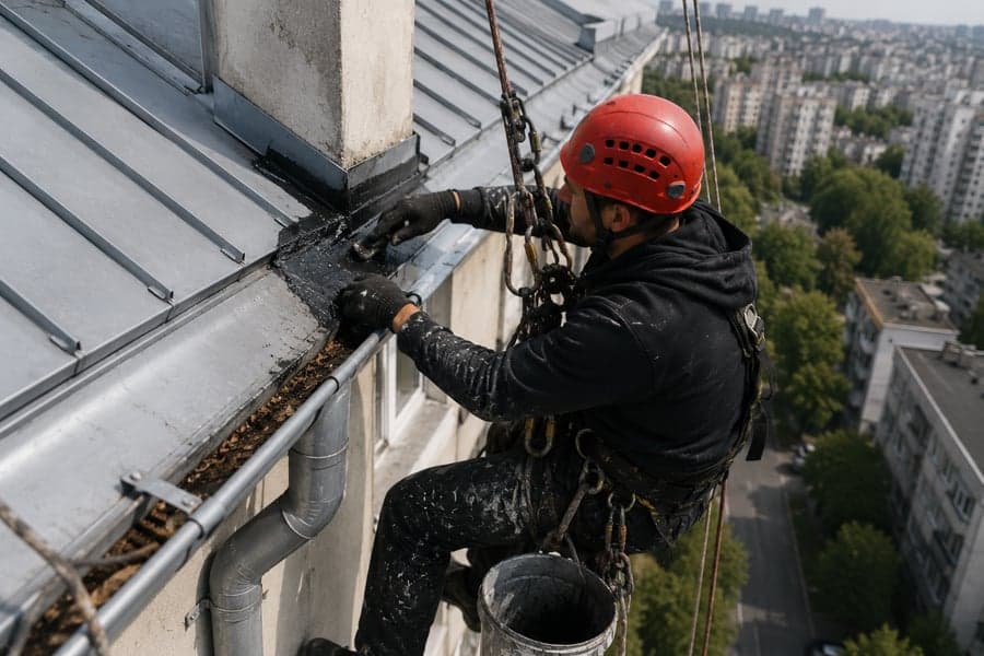 Alpinist utilitar repară un burlan pe acoperișul unei clădiri în Chișinău