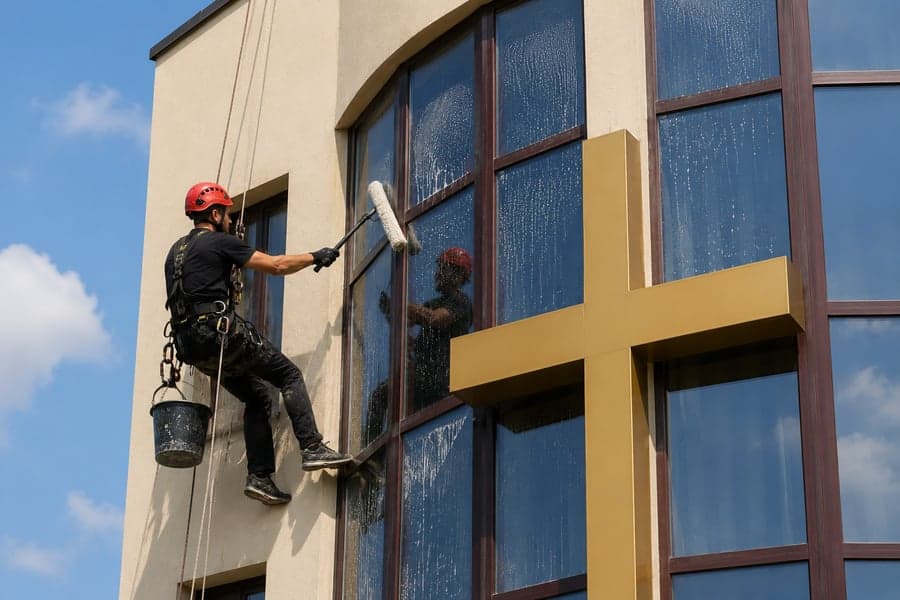 Alpinist utilitar spală geamurile panoramice ale unei clădiri înalte în Chișinău
