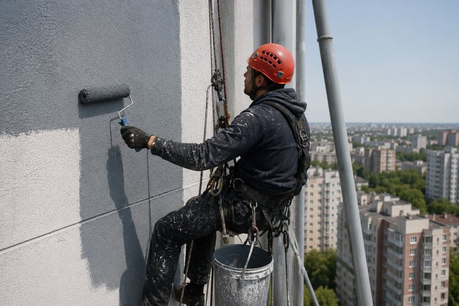 Alpinist utilitar vopsește fațada unei clădiri la înălțime în Chișinău