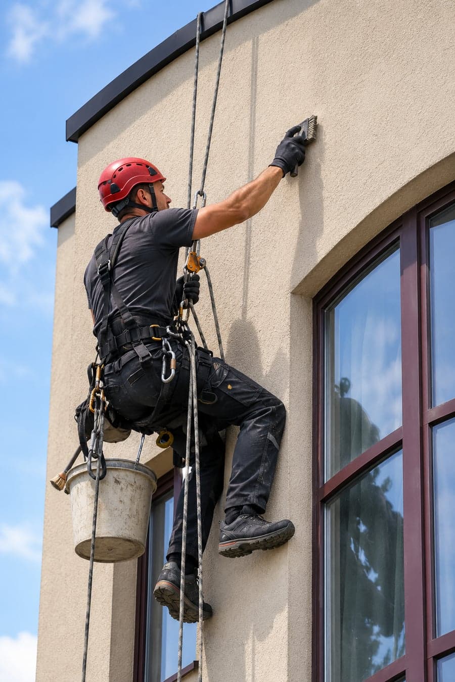 Alpinist utilitar spală fațada unei clădiri pe frânghii în Chișinău